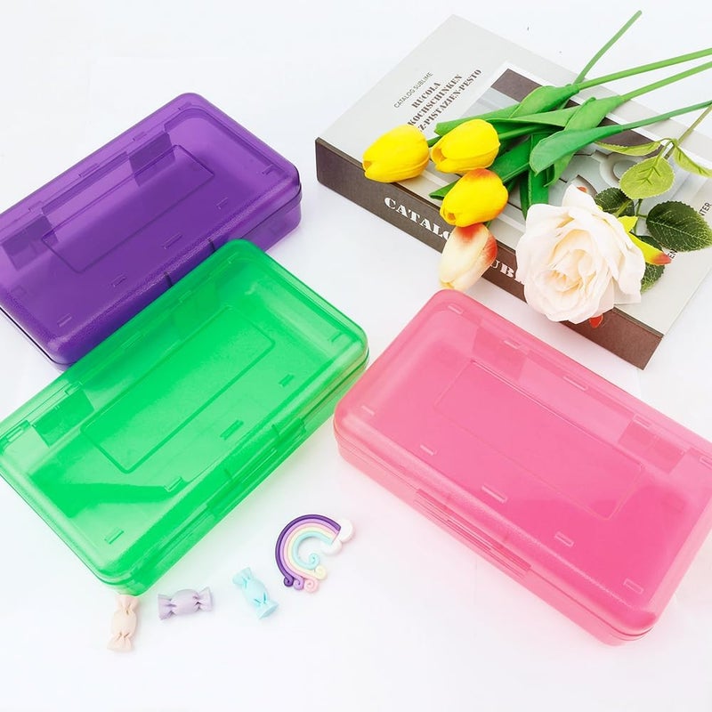 BOEIAC Pencil Case, Pencil Box, Large Pencil Case, 3 Pack Clear Pencil Case, Plastic Pencil Box, Crayon Box, Pink Purple Green Pencil Case, Hard Pencil Case for Kids, Plastic Storage Box for Office Supplies - Image 2